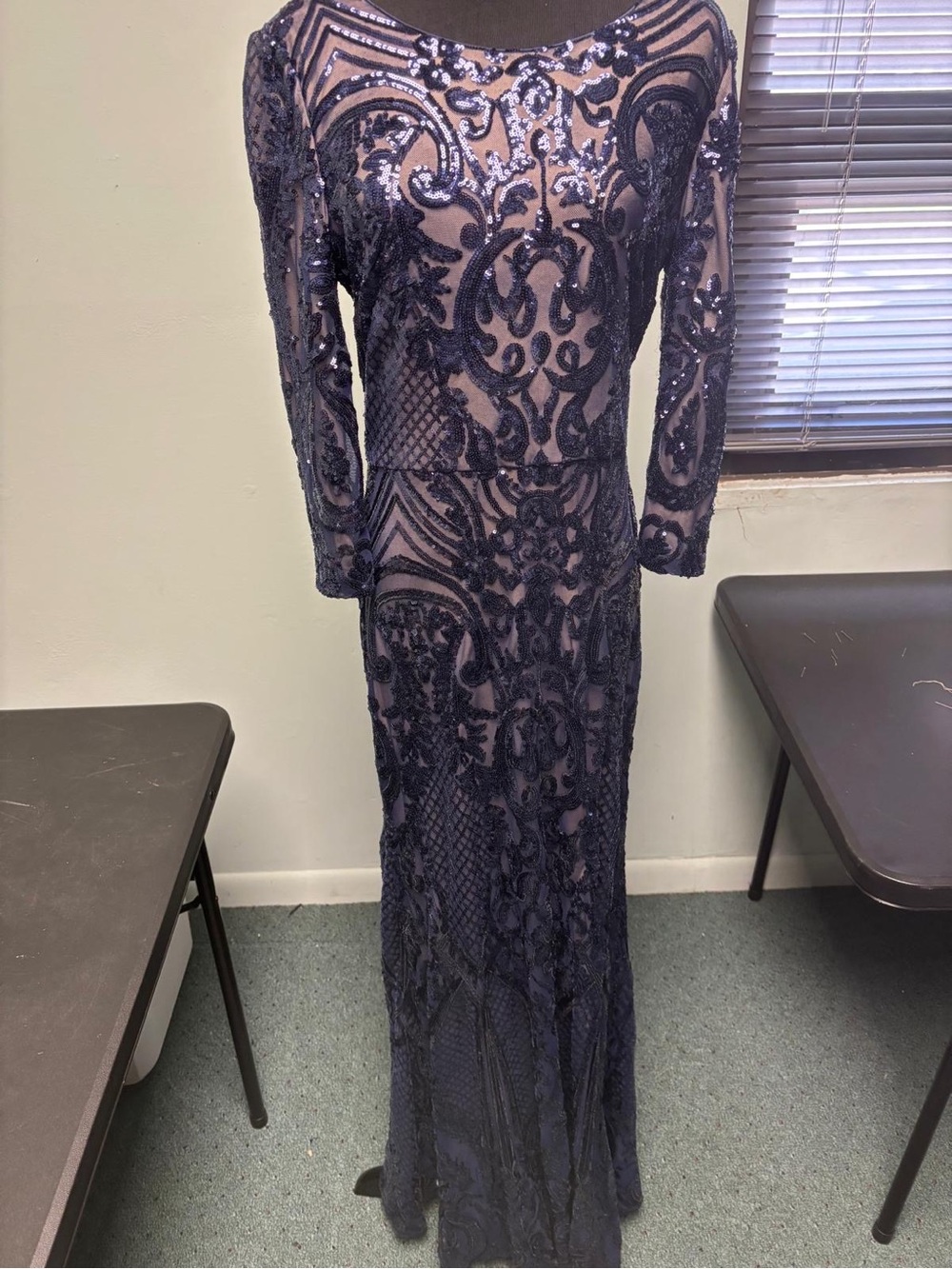 Alex Evenings Navy Blue Long Sleeve Sequin Lace Gown